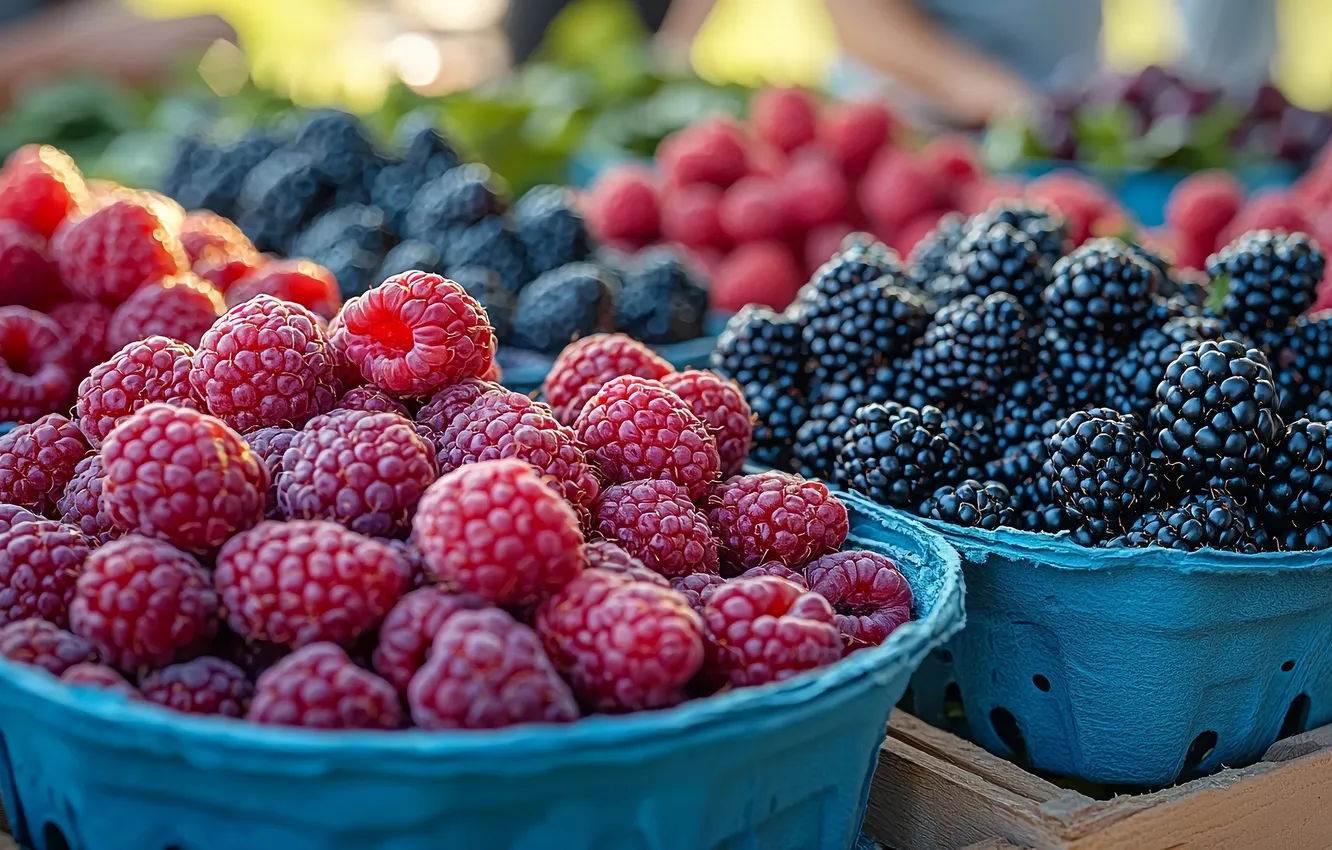 Photo wallpaper berries, raspberry, harvest, container, tray, a lot, BlackBerry, bokeh