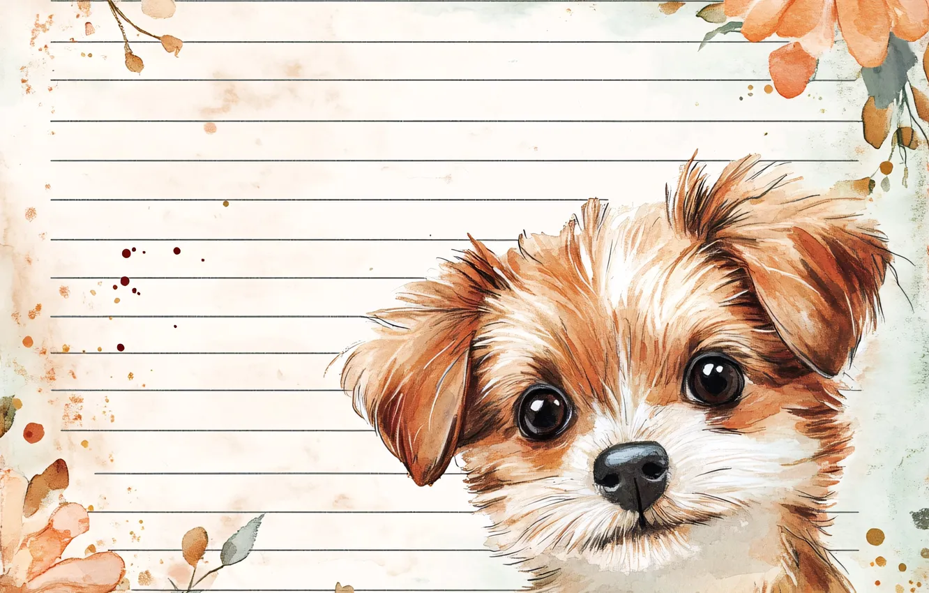 Photo wallpaper look, flowers, pose, figure, portrait, dog, puppy, Notepad
