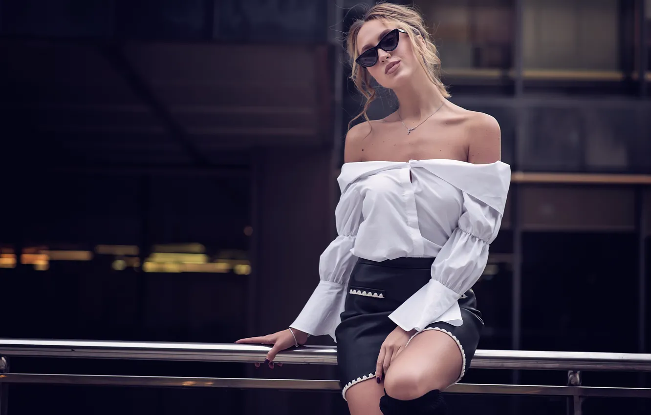 Photo wallpaper girl, model, skirt, glasses, blouse, Iryna