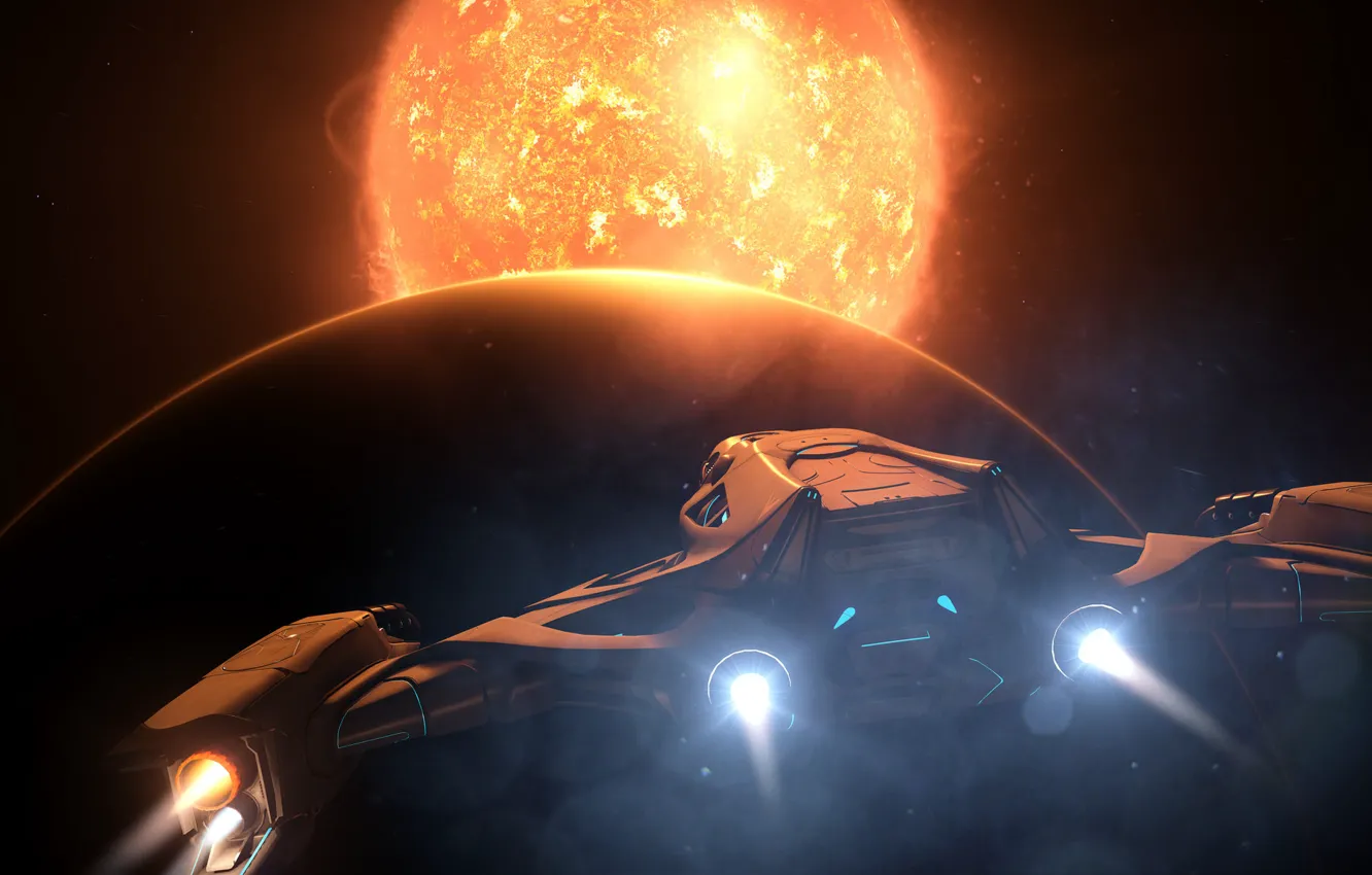 Photo wallpaper the sun, space, stars, planet, spaceship