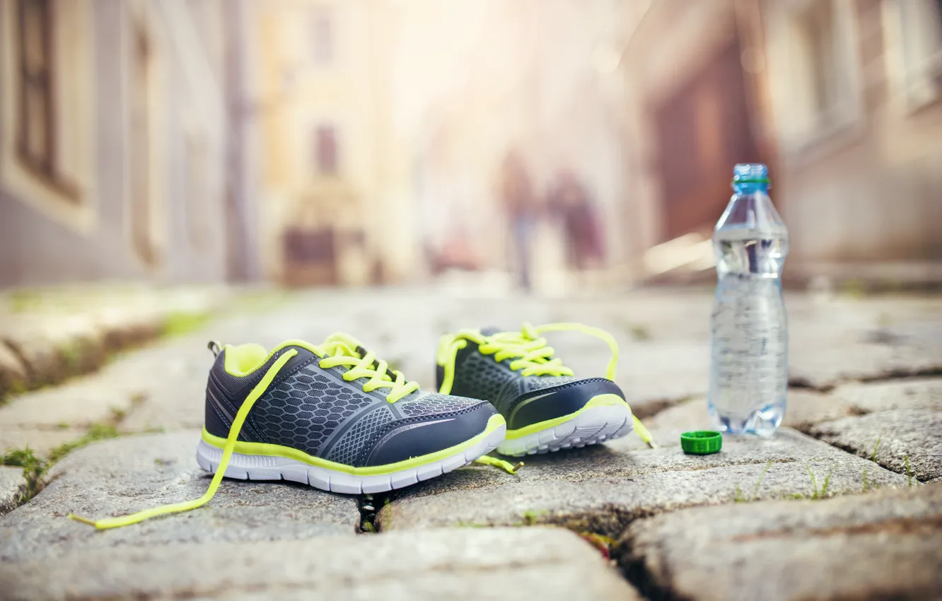 Photo wallpaper fitness, running shoes, healthy lifestyle, mineral water
