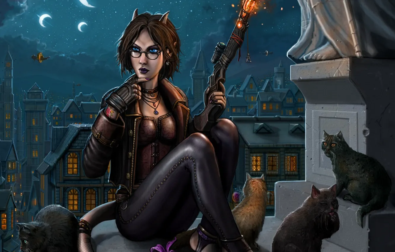 Photo wallpaper roof, cat, night, the city, gun, the moon, tail, Crescent