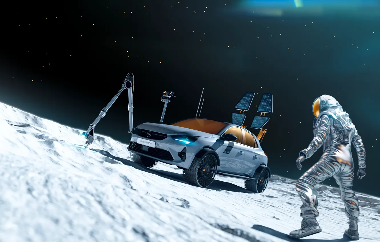 Photo wallpaper The moon, Opel, Astronaut, Bright future, Solar-powered car, Space Tourism, Opel Corsa Moon II, Space …