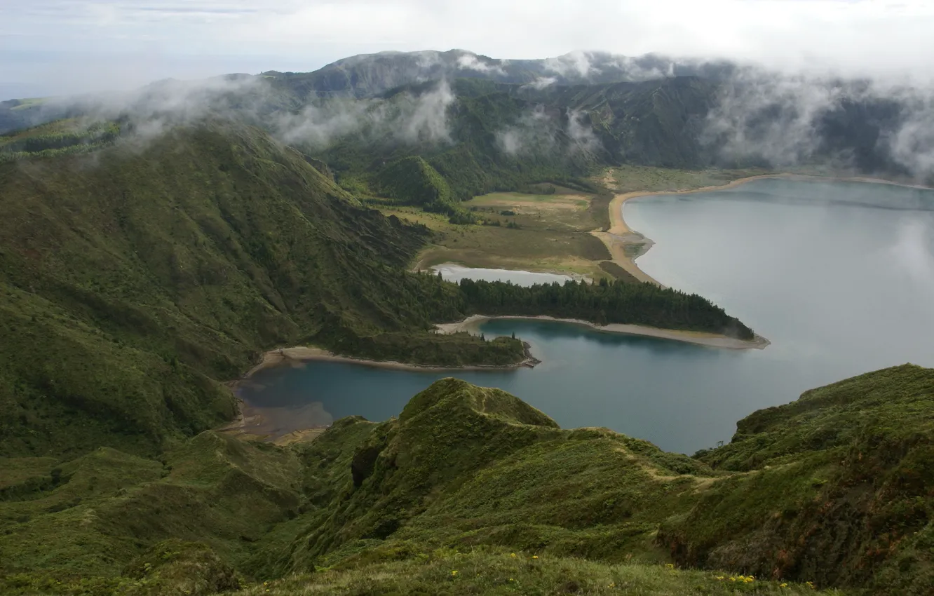Photo wallpaper landscape, mountains, nature, lake, top, Portugal, Azores