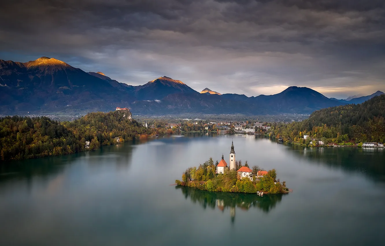 Photo wallpaper landscape, mountains, nature, lake, island, Slovenia, Lake bled, Bled