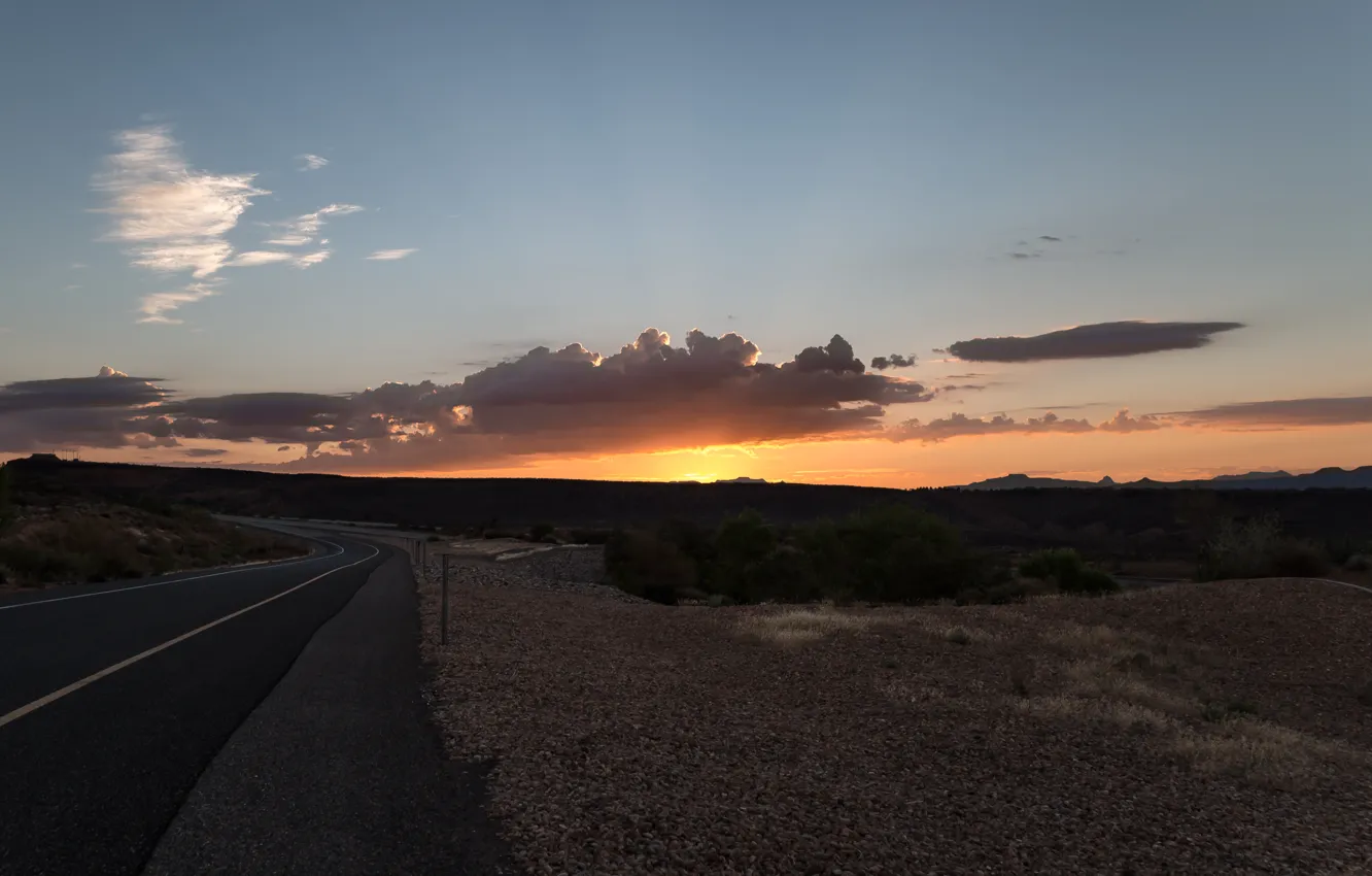 Photo wallpaper light, red, USA, road, landscape, sun, sunrise, orange