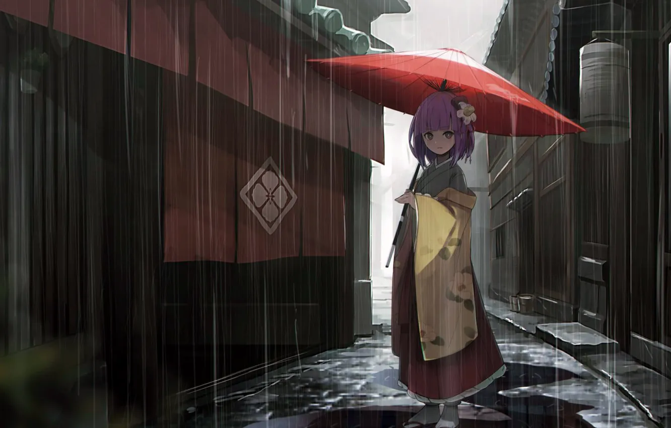 Photo wallpaper girl, rain, dress, umbrella, anime, street, houses, Touhou
