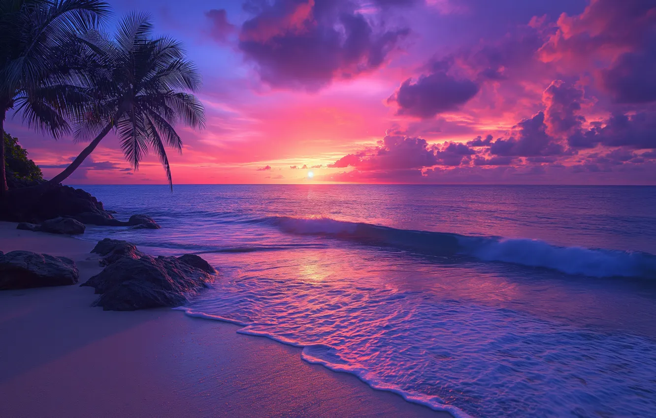 Photo wallpaper The sky, Sand, Nature, Clouds, Beach, Stones, Palm trees, Beauty