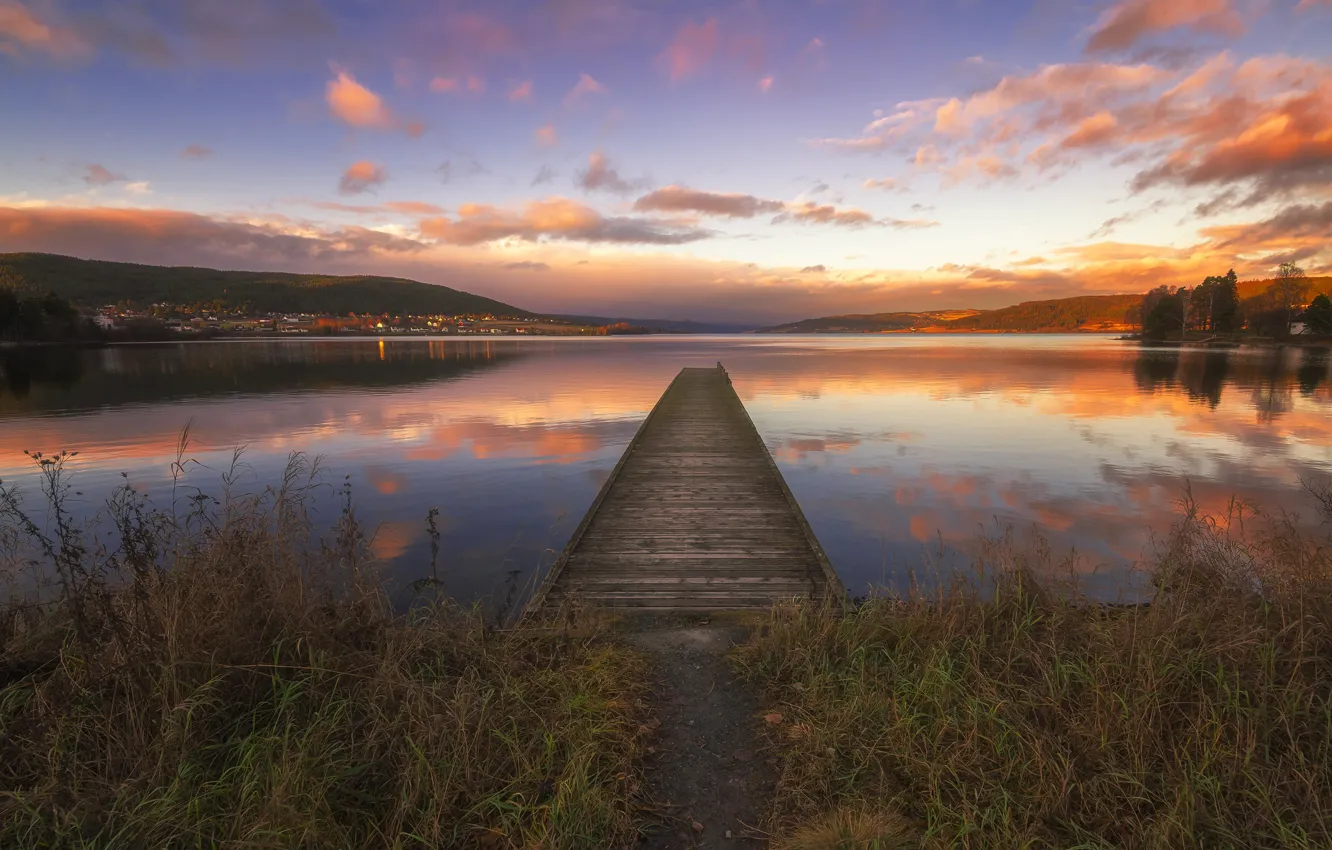 Photo wallpaper the sky, grass, clouds, sunset, mountains, lake, reflection, shore