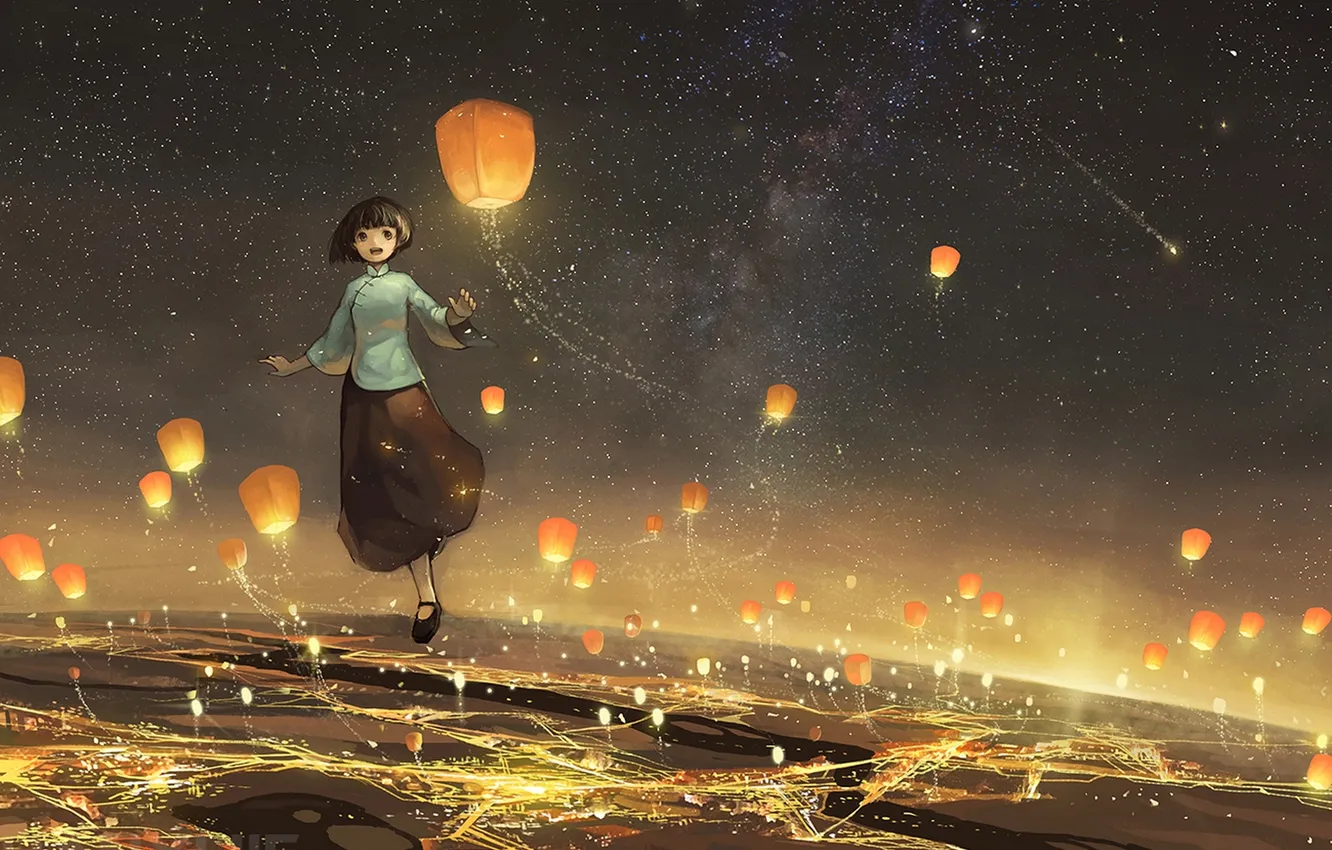 Photo wallpaper the sky, girl, stars, joy, night, the city, lights, anime