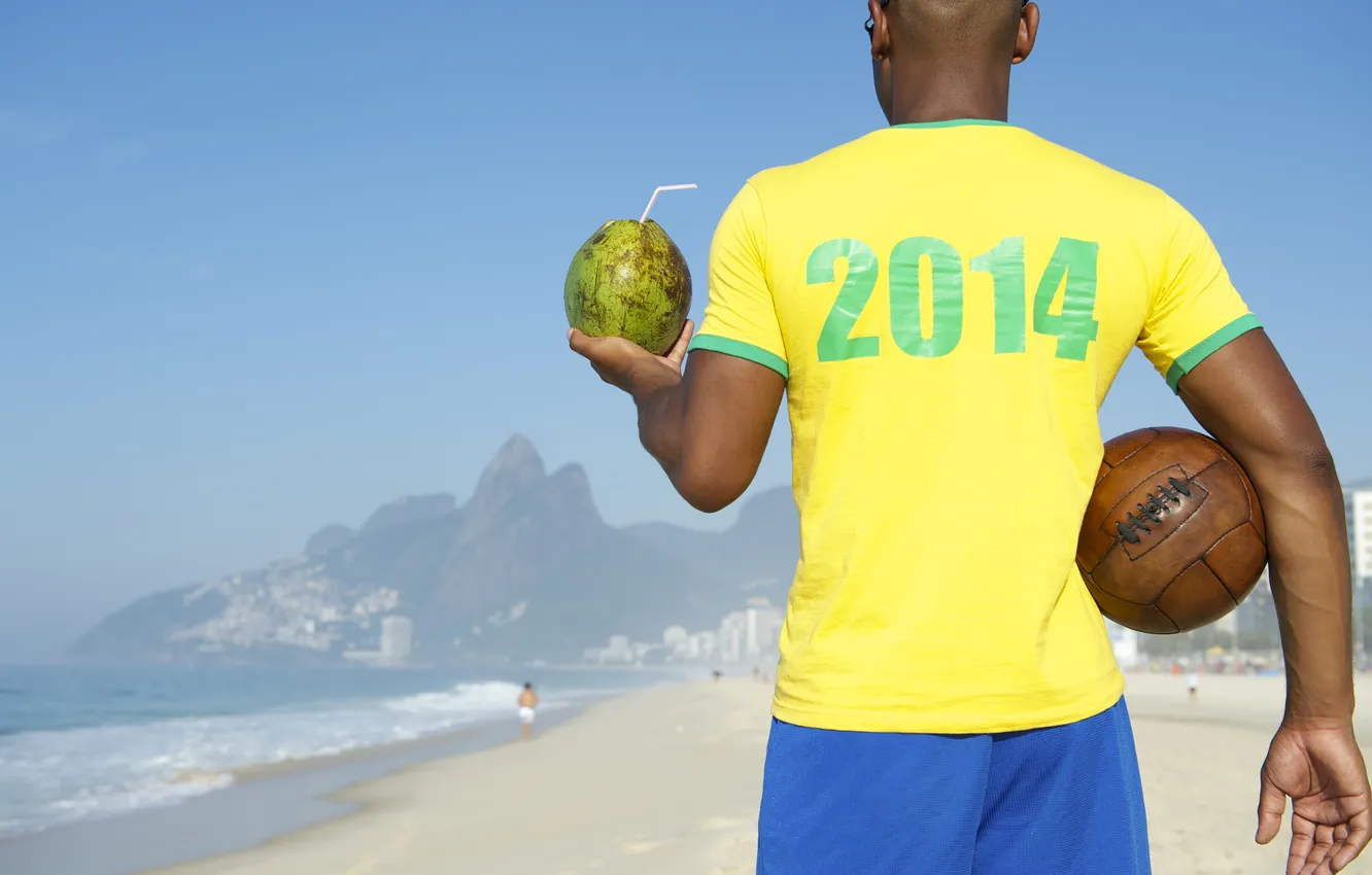 Photo wallpaper beach, the ball, coconut, t-shirt, Brazil, football, world Cup, World Cup
