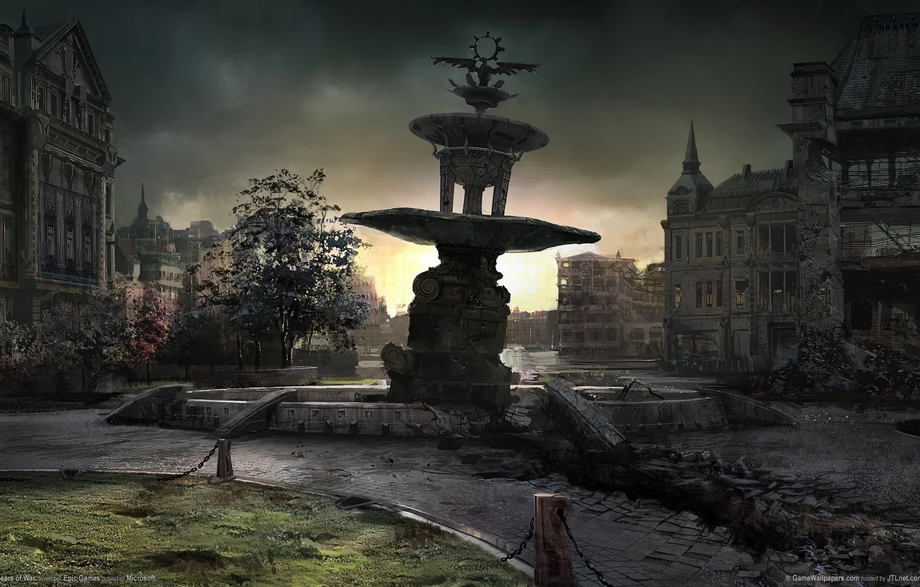 Photo wallpaper the city, lawn, home, area, fountain, ruins, gears of war 2