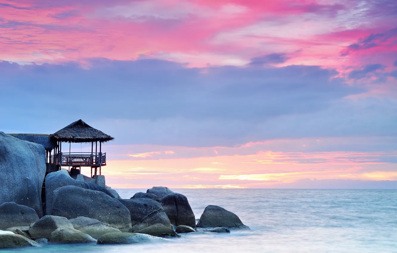 Photo wallpaper sea, stones, rocks, dawn