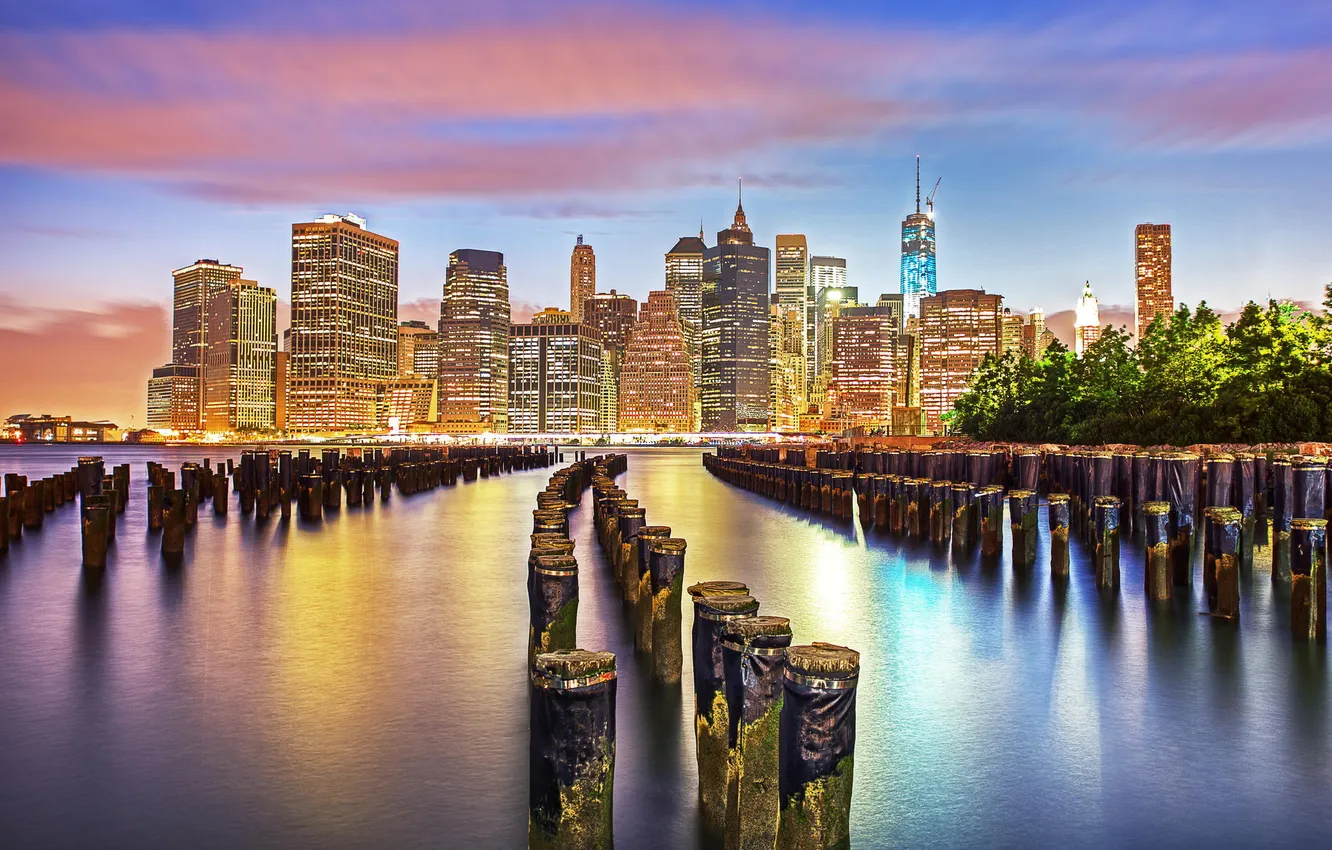 Photo wallpaper the city, lights, dawn, skyscrapers, USA, USA, America, New York