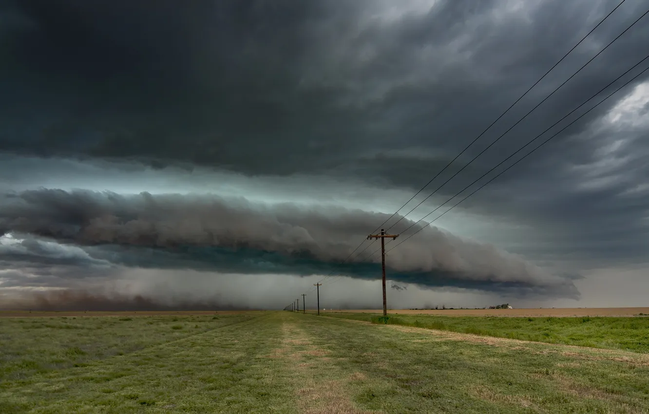 Photo wallpaper field, clouds, power lines