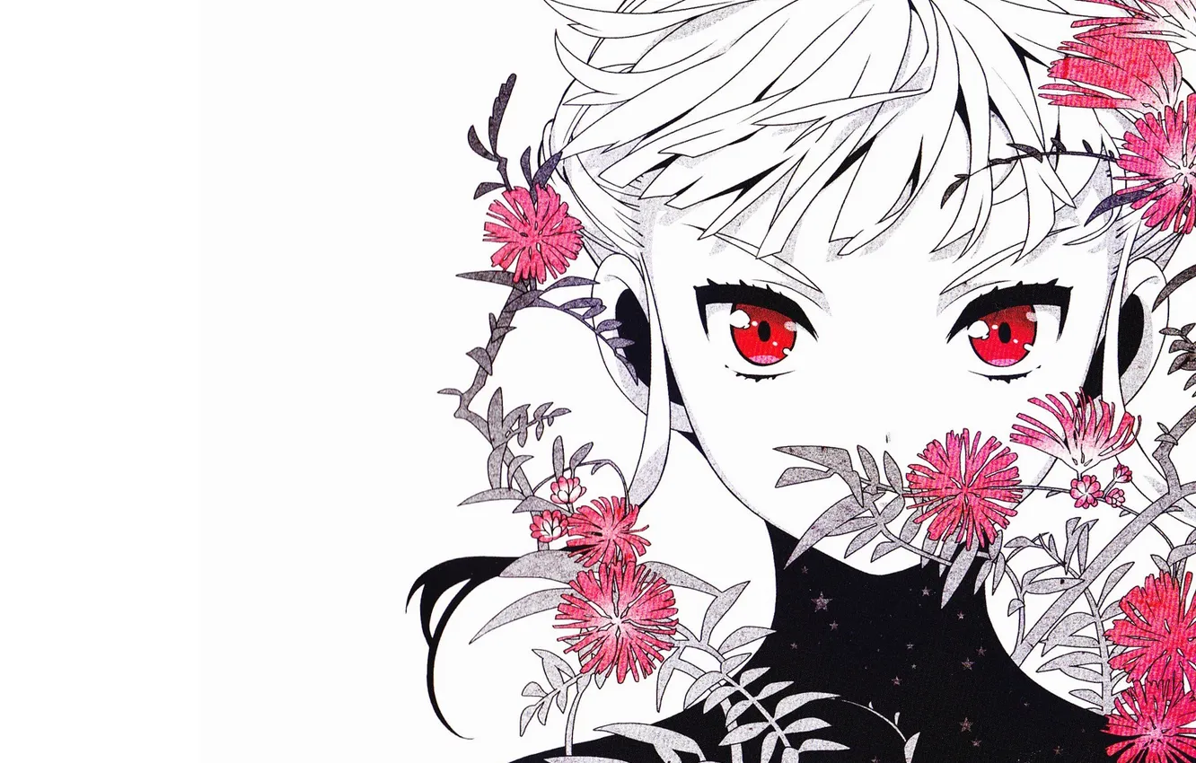 Photo wallpaper girl, flowers, figure, white background, red eyes, euphoria, manaka nemu