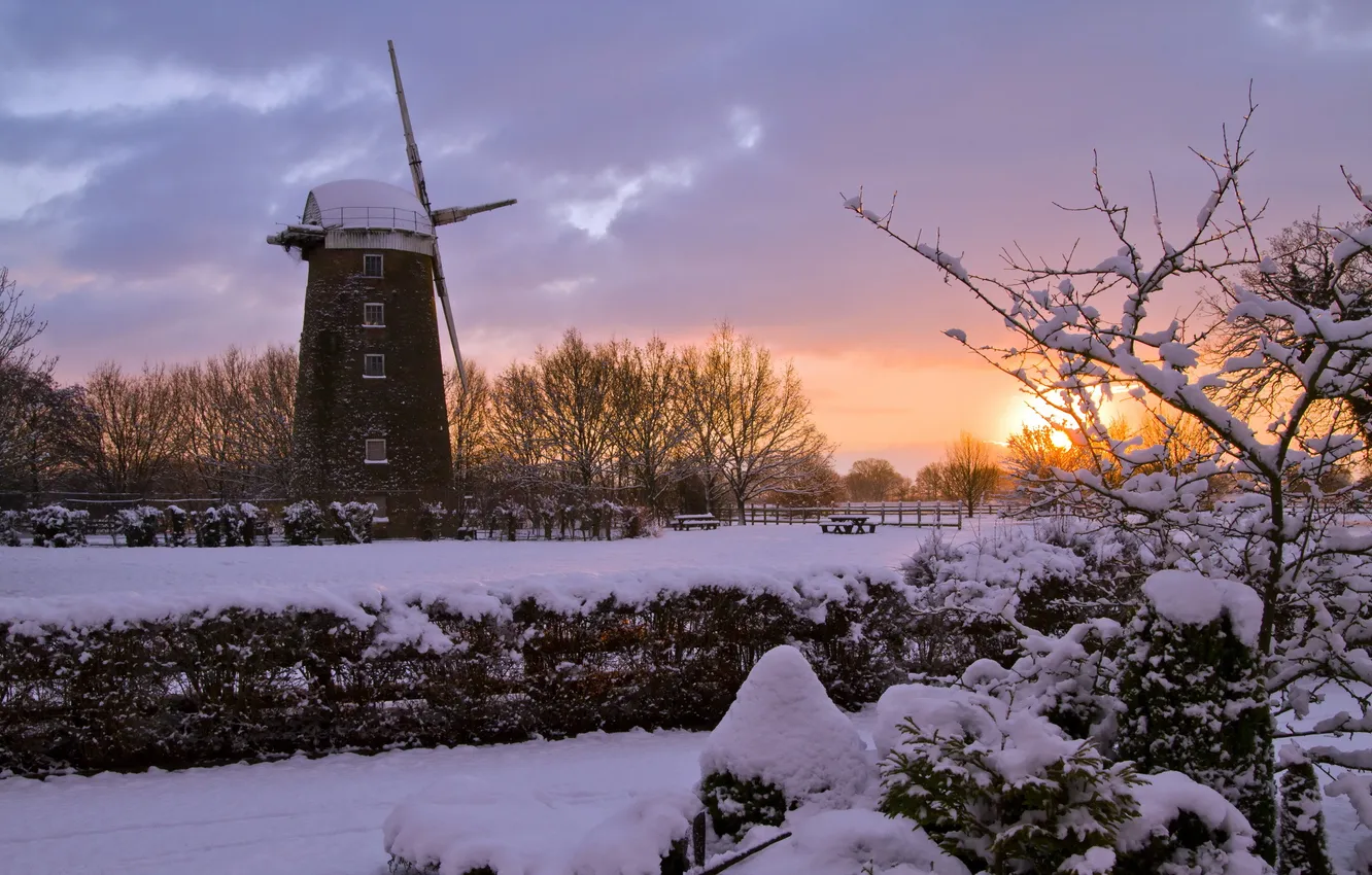 Photo wallpaper landscape, sunset, mill