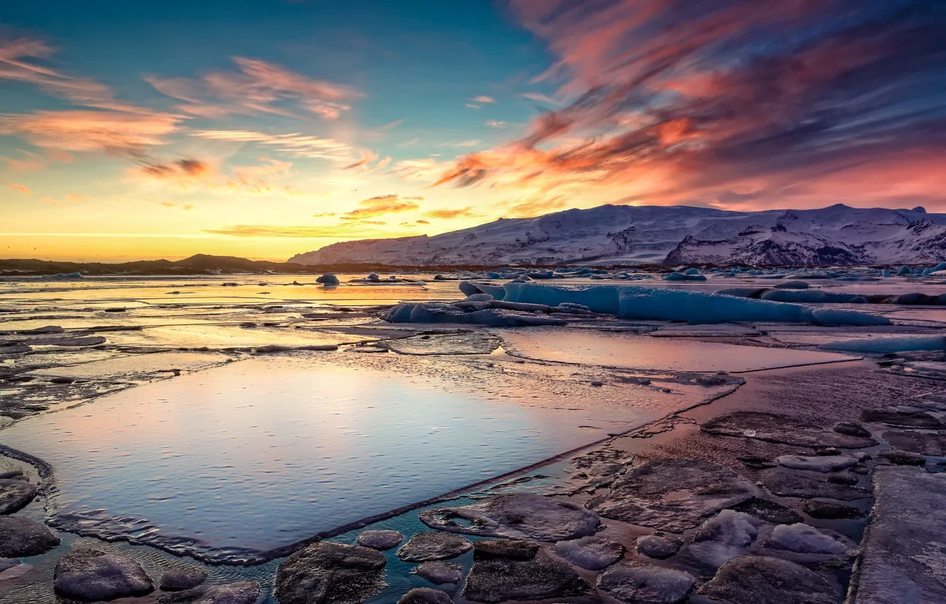 Photo wallpaper winter, snow, nature, dawn, Iceland, Jokulsarlon