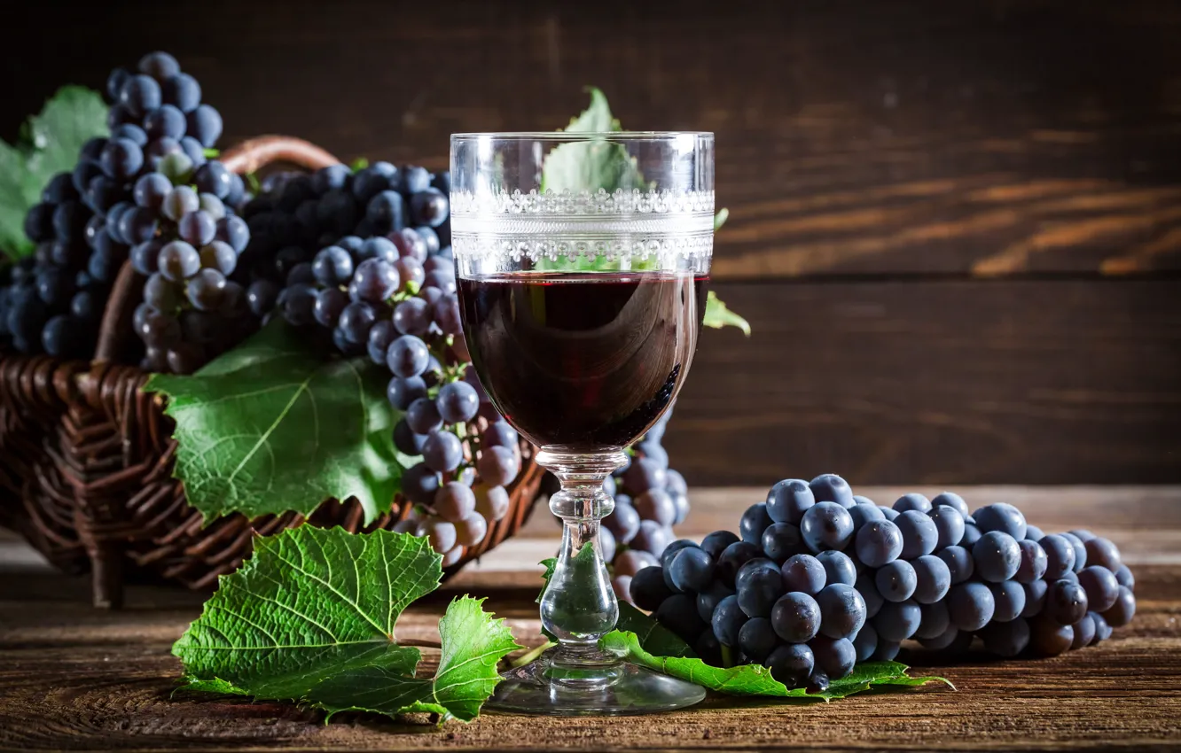 Photo wallpaper leaves, wine, basket, Board, glass, grapes, bokeh