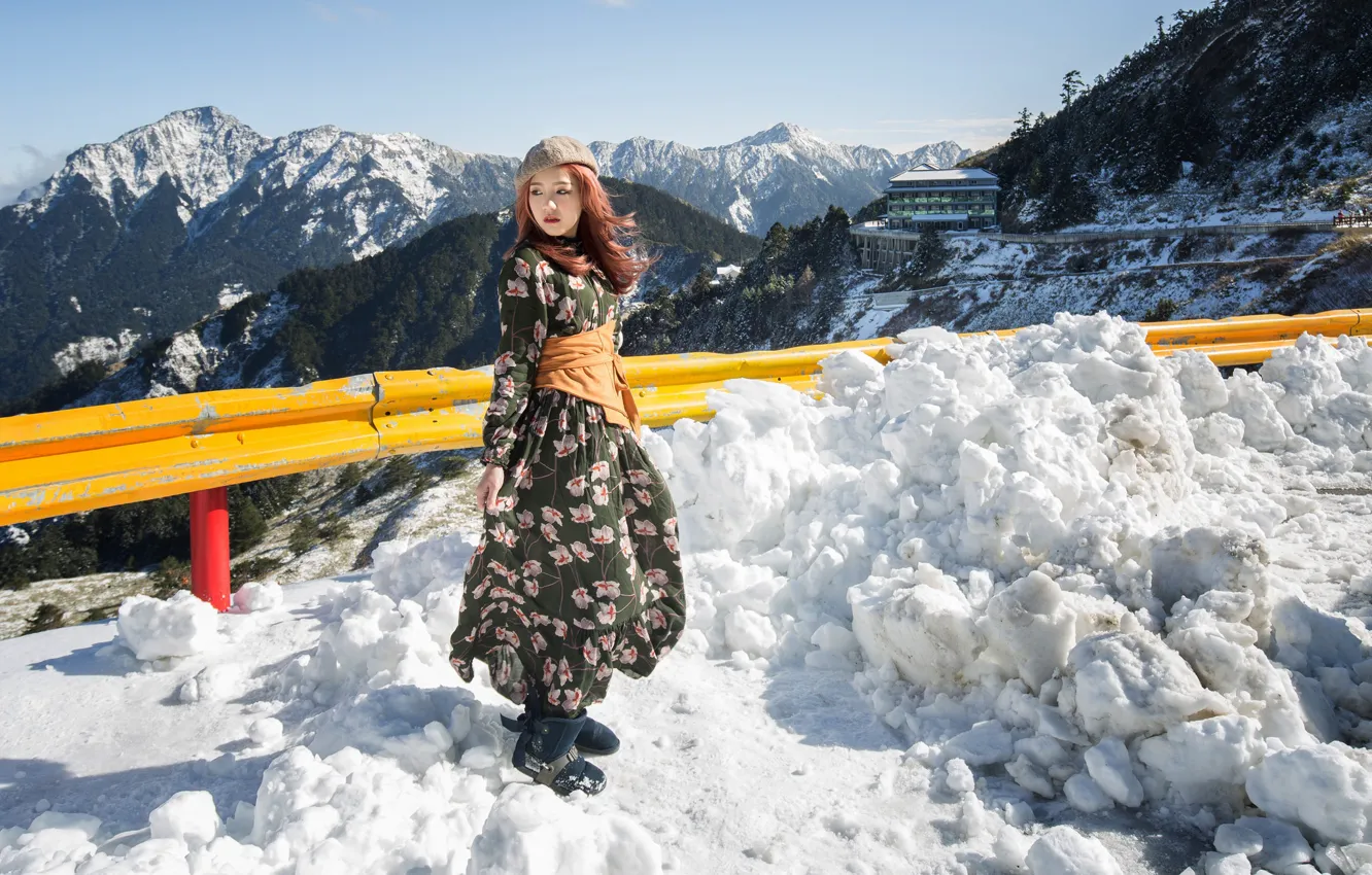 Photo wallpaper Nature, Mountains, Snow, Asian, Girl