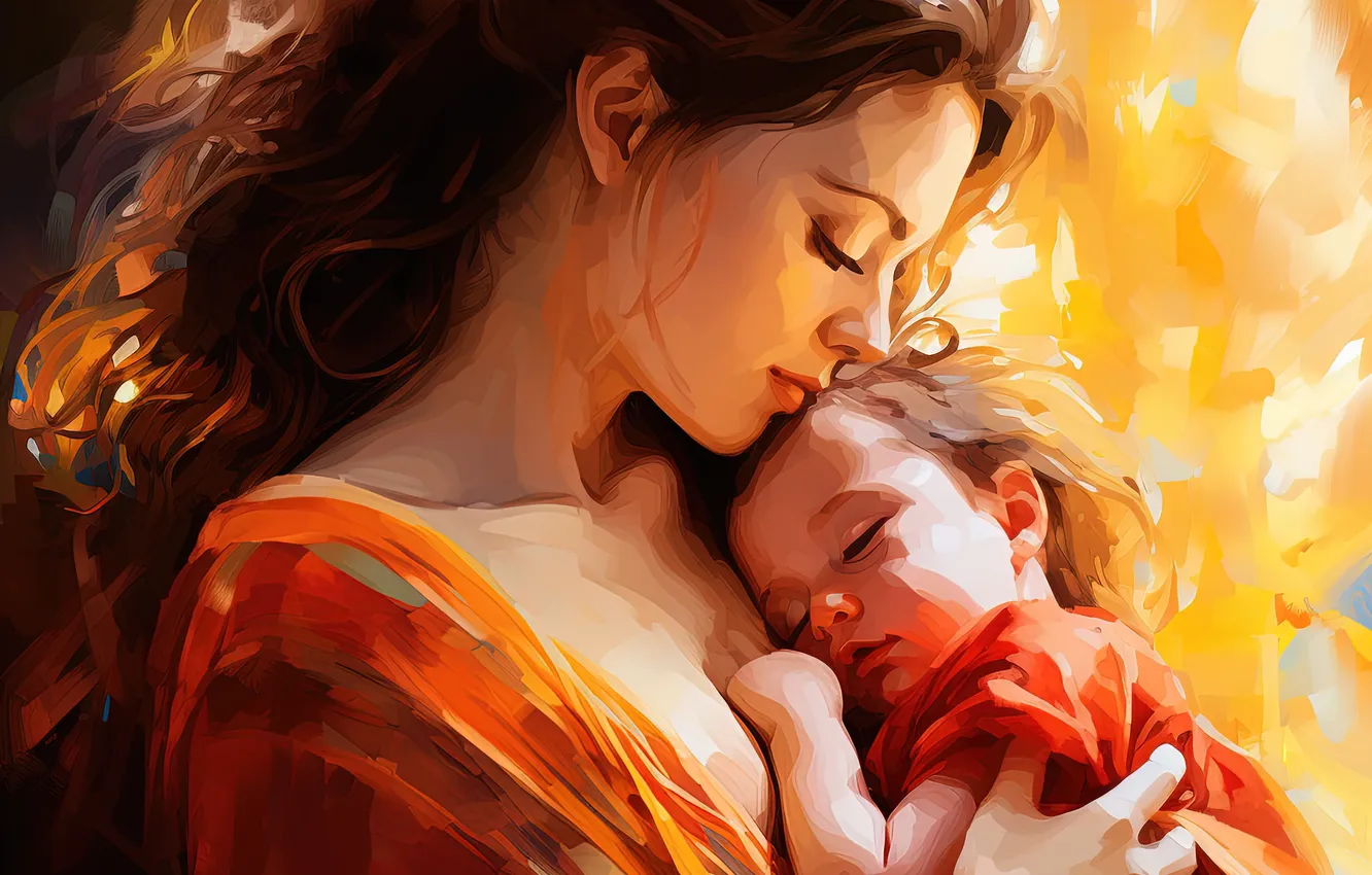 Photo wallpaper girl, love, children, girl, two, mom, digital art, AI art