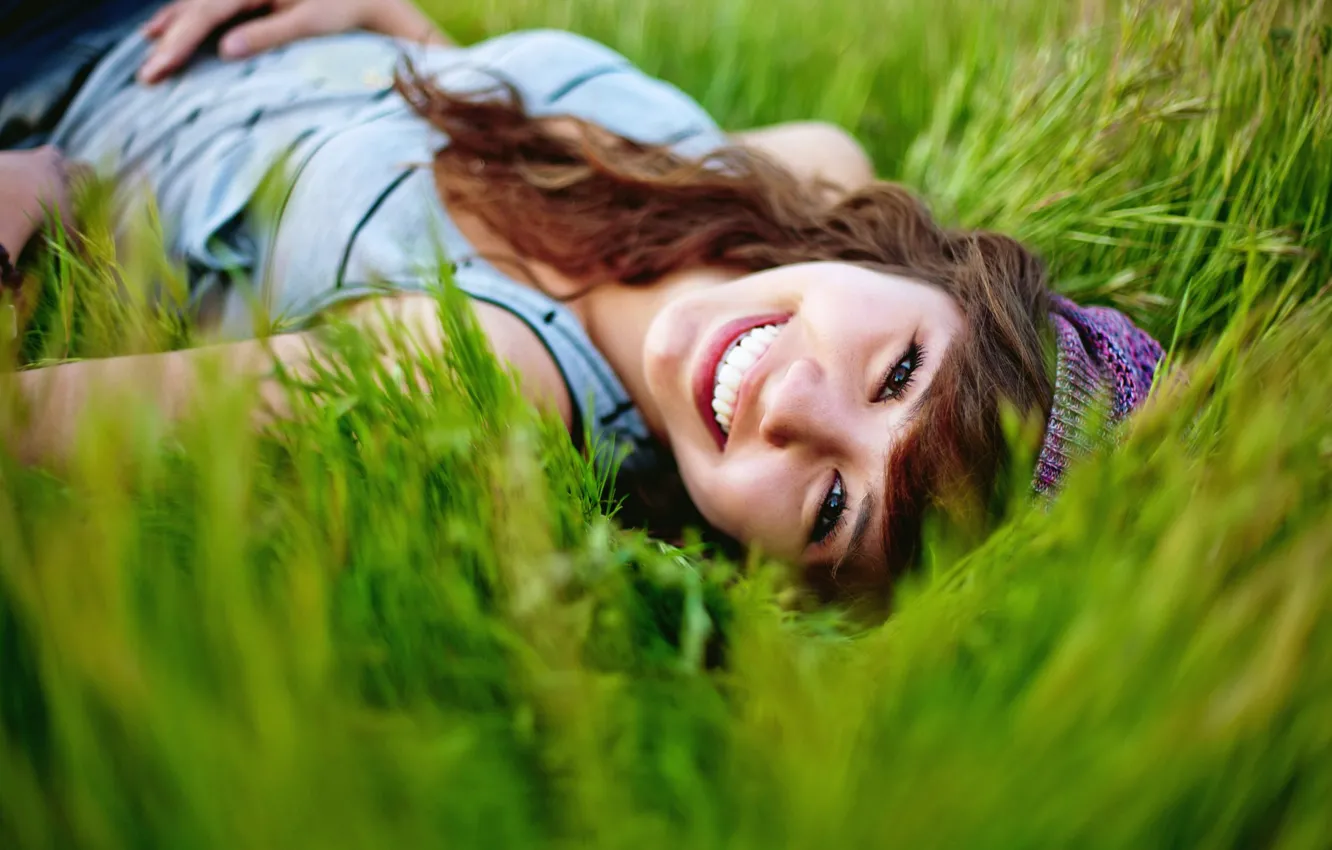 Photo wallpaper summer, grass, girl, nature, smile, mood