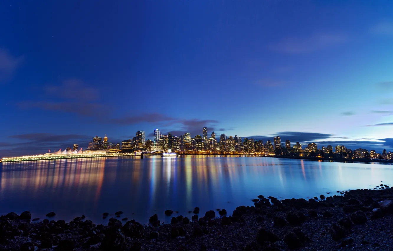 Photo wallpaper water, night, the city, lights, reflection, stones, home, Canada
