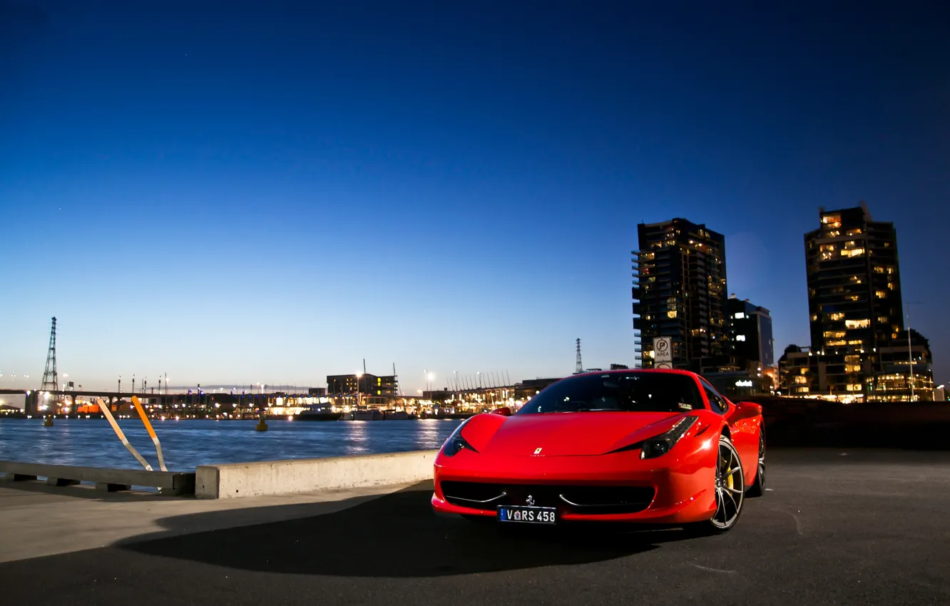 Photo wallpaper the city, shadow, red, ferrari, Ferrari, promenade, Italy, the front