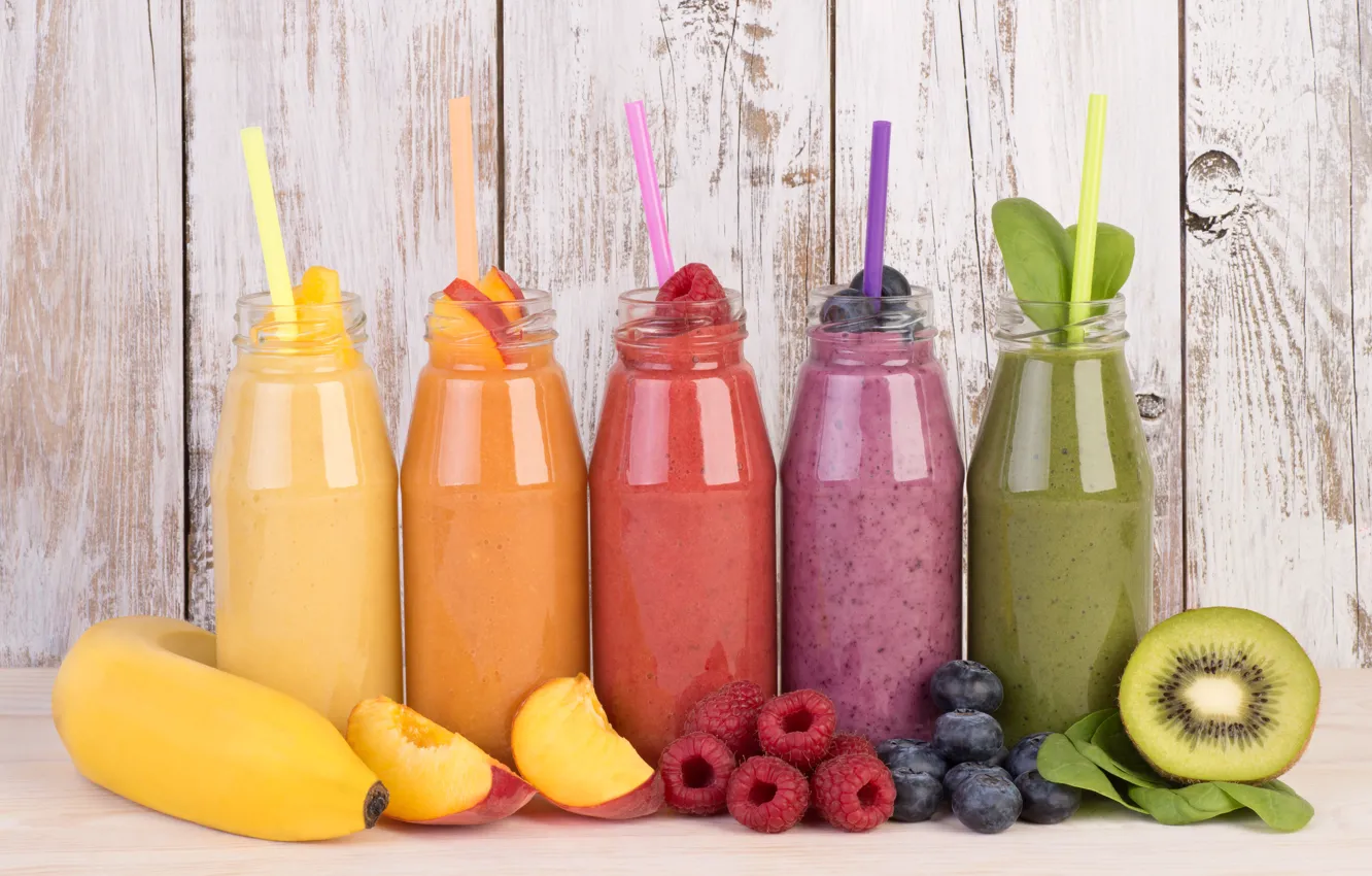 Photo wallpaper raspberry, bottle, kiwi, blueberries, bananas, cocktail, fruit, peaches