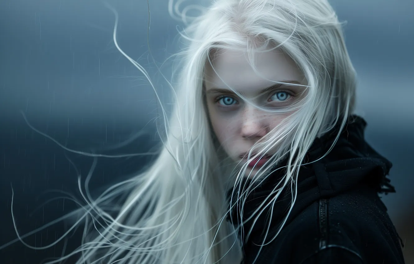 Photo wallpaper look, girl, face, rain, the wind, portrait, jacket, blonde