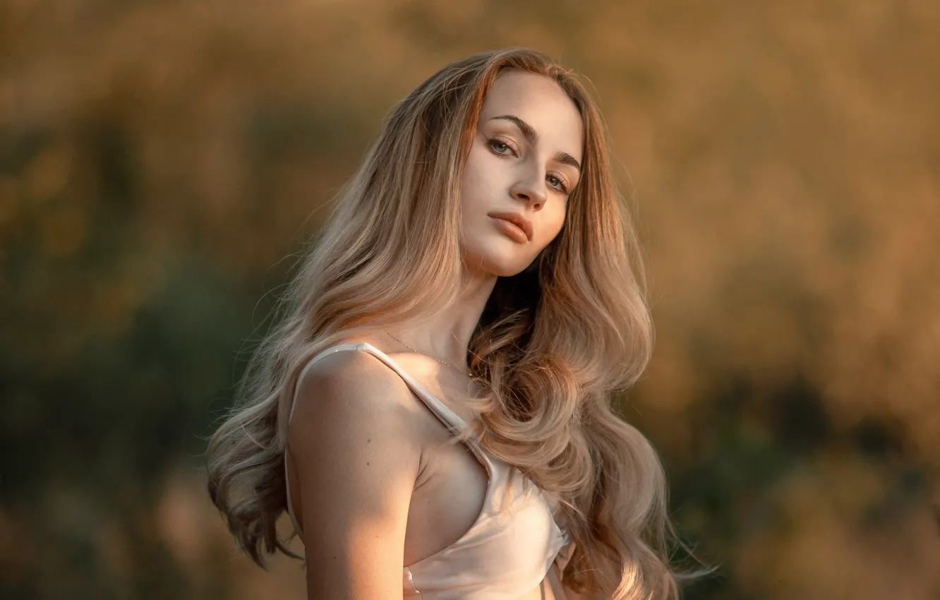 Photo wallpaper look, girl, face, background, portrait, blonde, long hair, Jiří Tulach