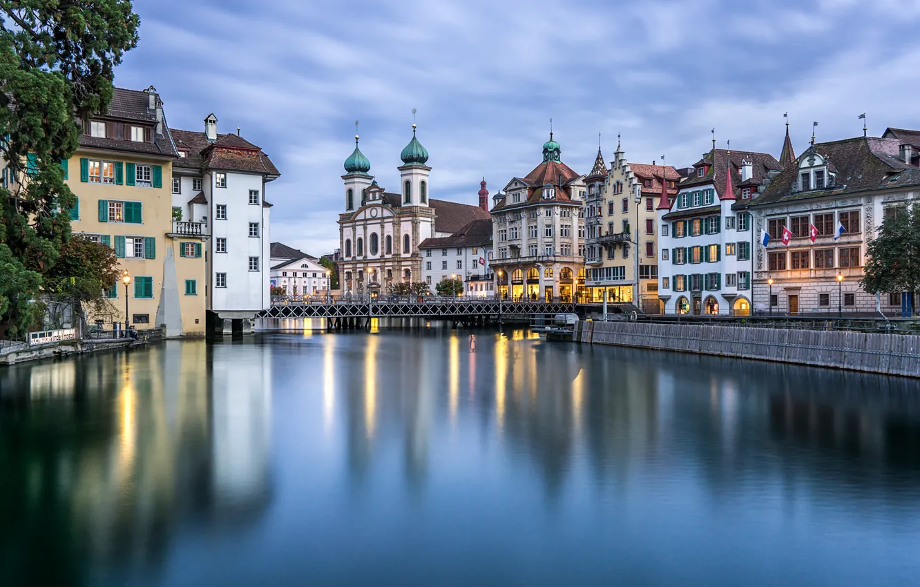 Photo wallpaper bridge, river, building, home, Switzerland, Church, promenade, Switzerland