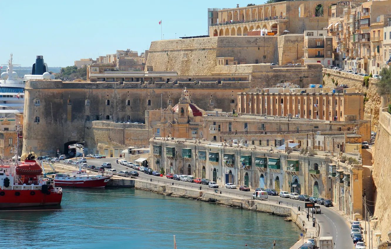 Photo wallpaper road, transport, home, ships, Bay, promenade, Malta, Valletta