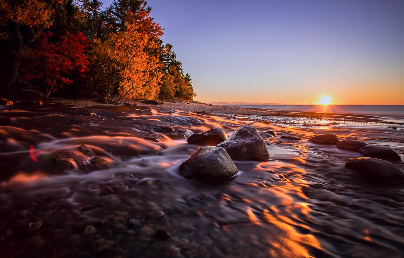 Photo wallpaper sea, autumn, the sky, the sun, trees, sunset, lake, stones