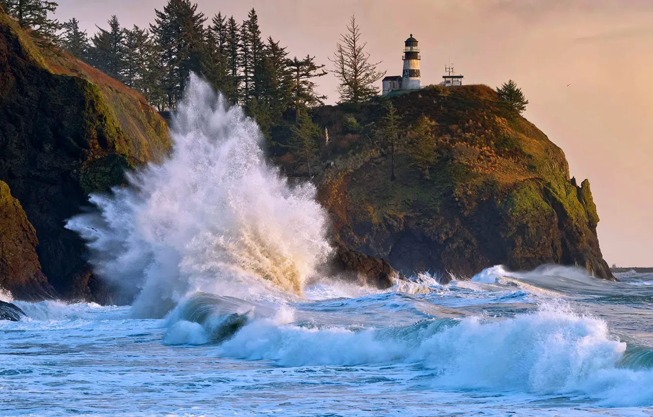 Photo wallpaper storm, rocks, lighthouse, USA, Washington, Cape Disappointment