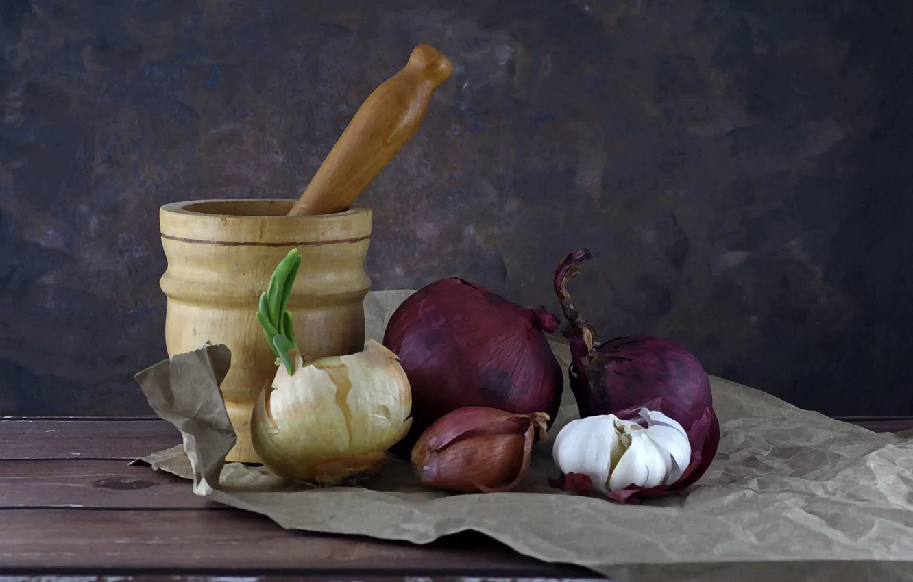 Photo wallpaper items, bulb, table, paper, mortar, still life, food, husk