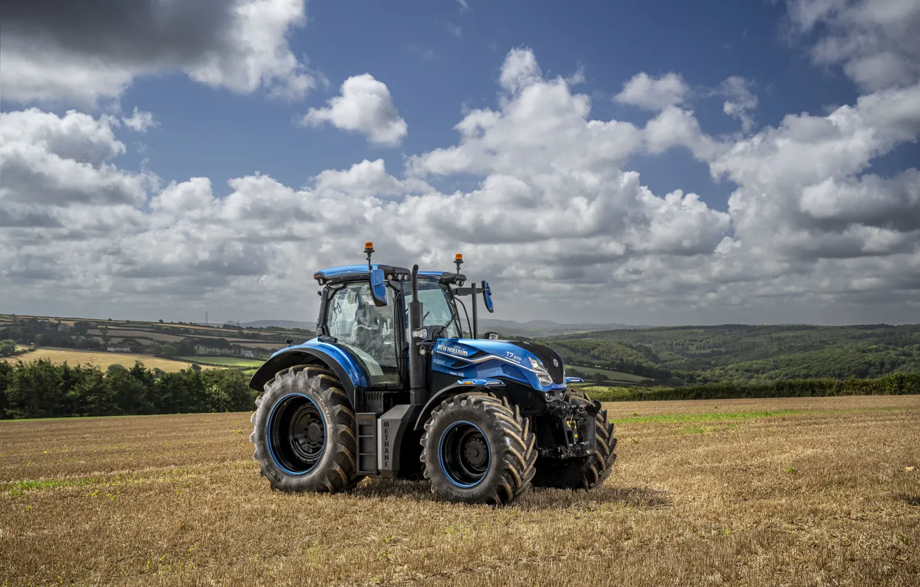 Photo wallpaper Clouds, Field, Agriculture, Tractor, New Holland, Agriculture, New Holland, Tractor prototype