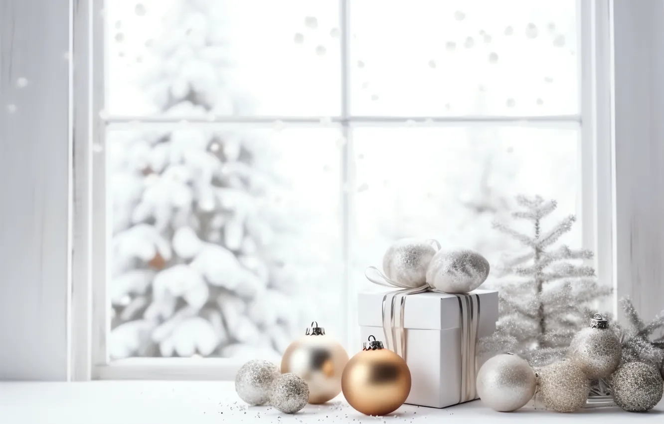 Photo wallpaper balls, branches, silver, new year, silver, Christmas, white background, needles