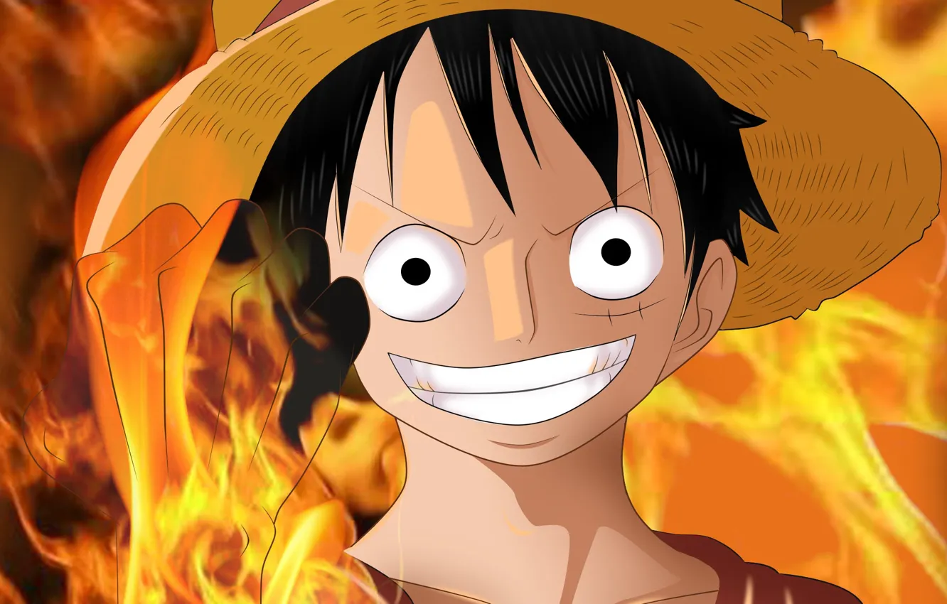 Photo wallpaper smile, fire, hat, guy, One Piece