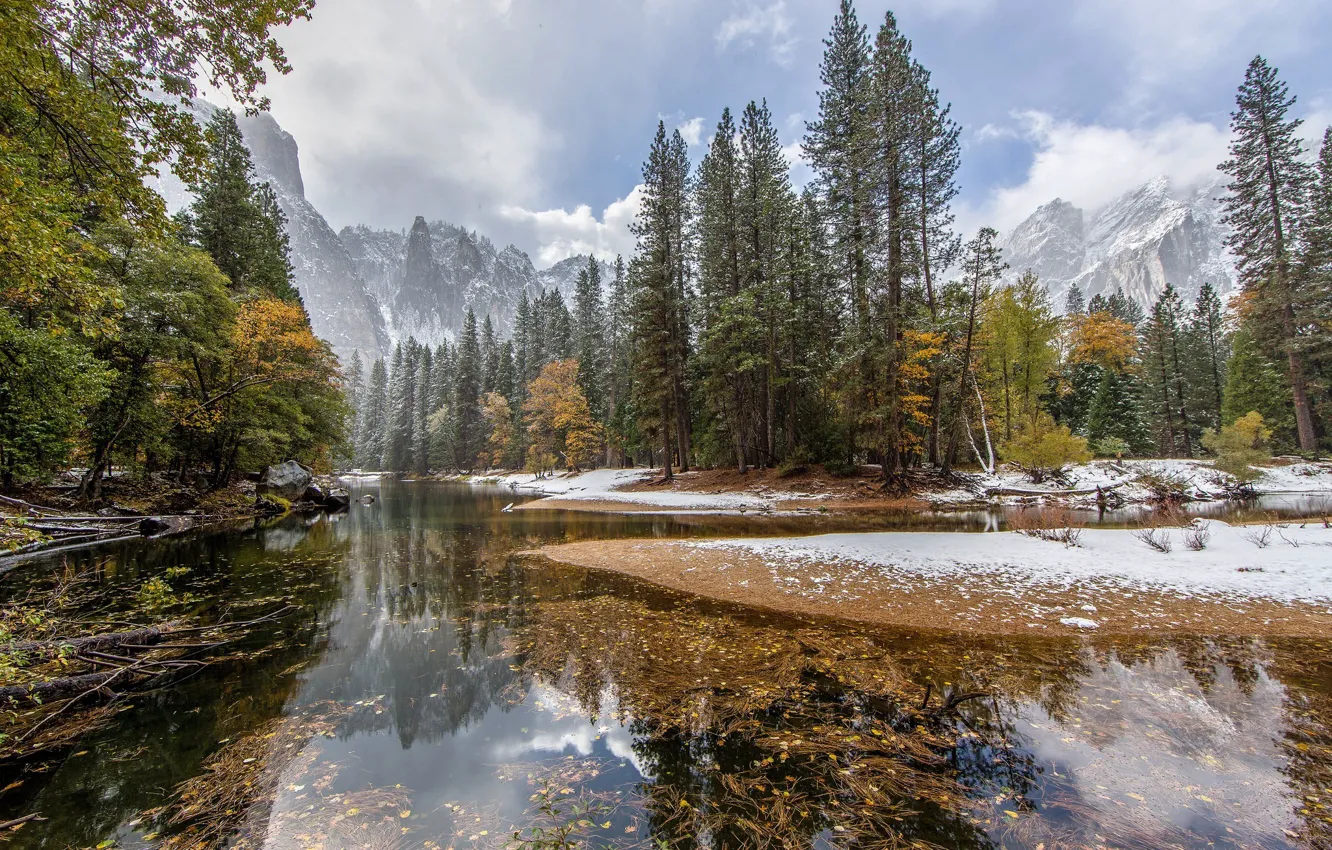 Photo wallpaper Water, Nature, Clouds, Reflection, Mountains, Trees, Snow, Forest