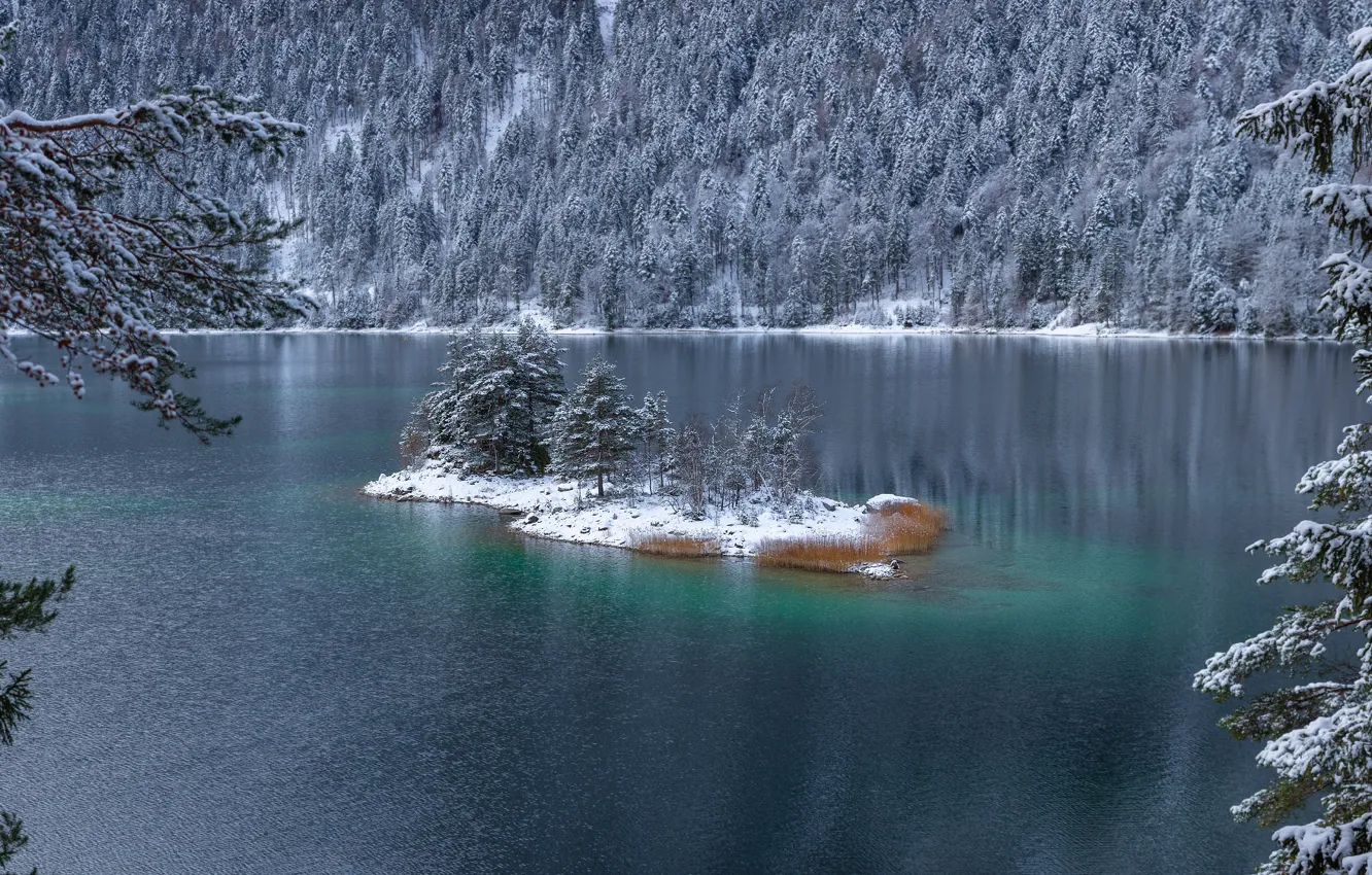 Photo wallpaper winter, forest, snow, landscape, nature, lake, Bayern, island