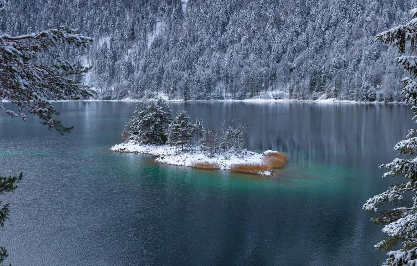 Photo wallpaper winter, snow, landscape, nature, lake, Bayern, island, forest