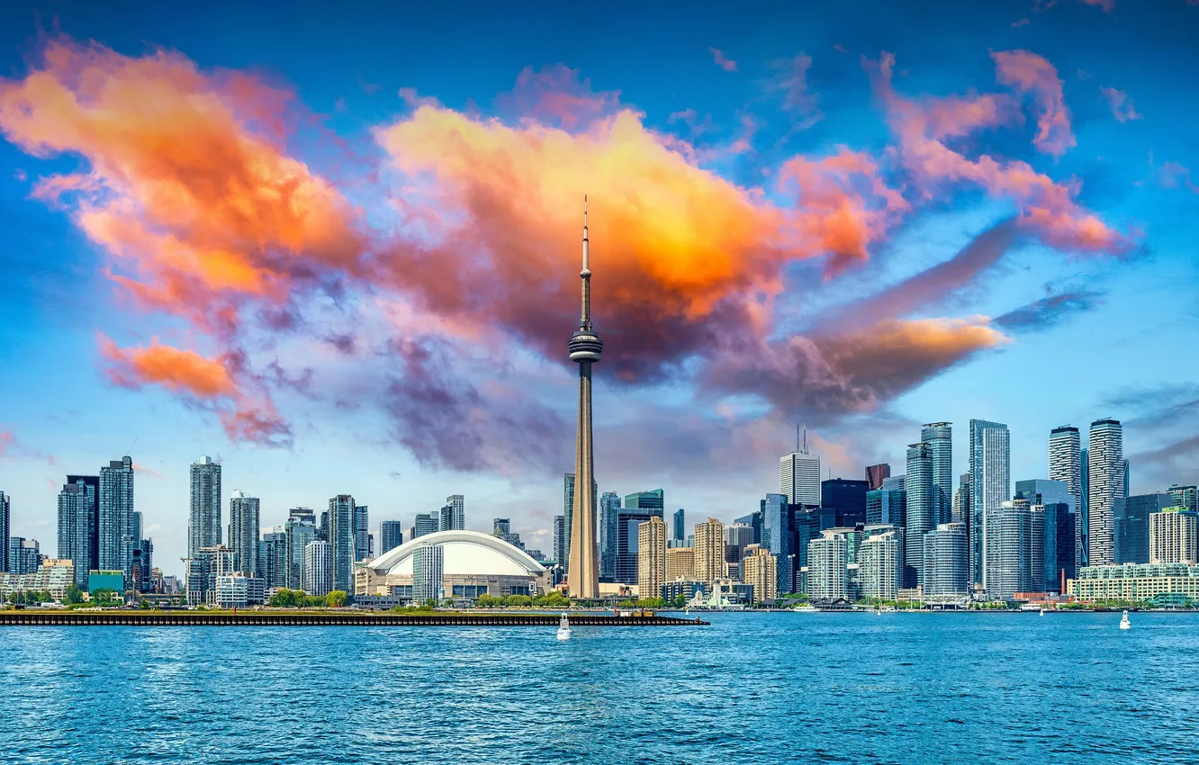 Photo wallpaper clouds, skyscrapers, Canada, Toronto, Canada, Toronto, blue sky, Lake Ontario