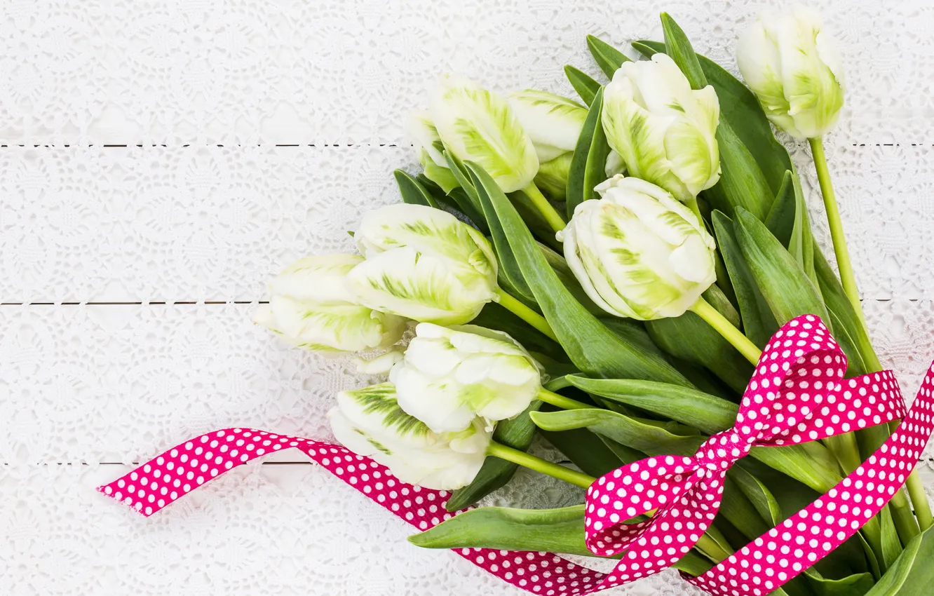 Photo wallpaper flowers, bouquet, tape, tulips, white, white, wood, flowers