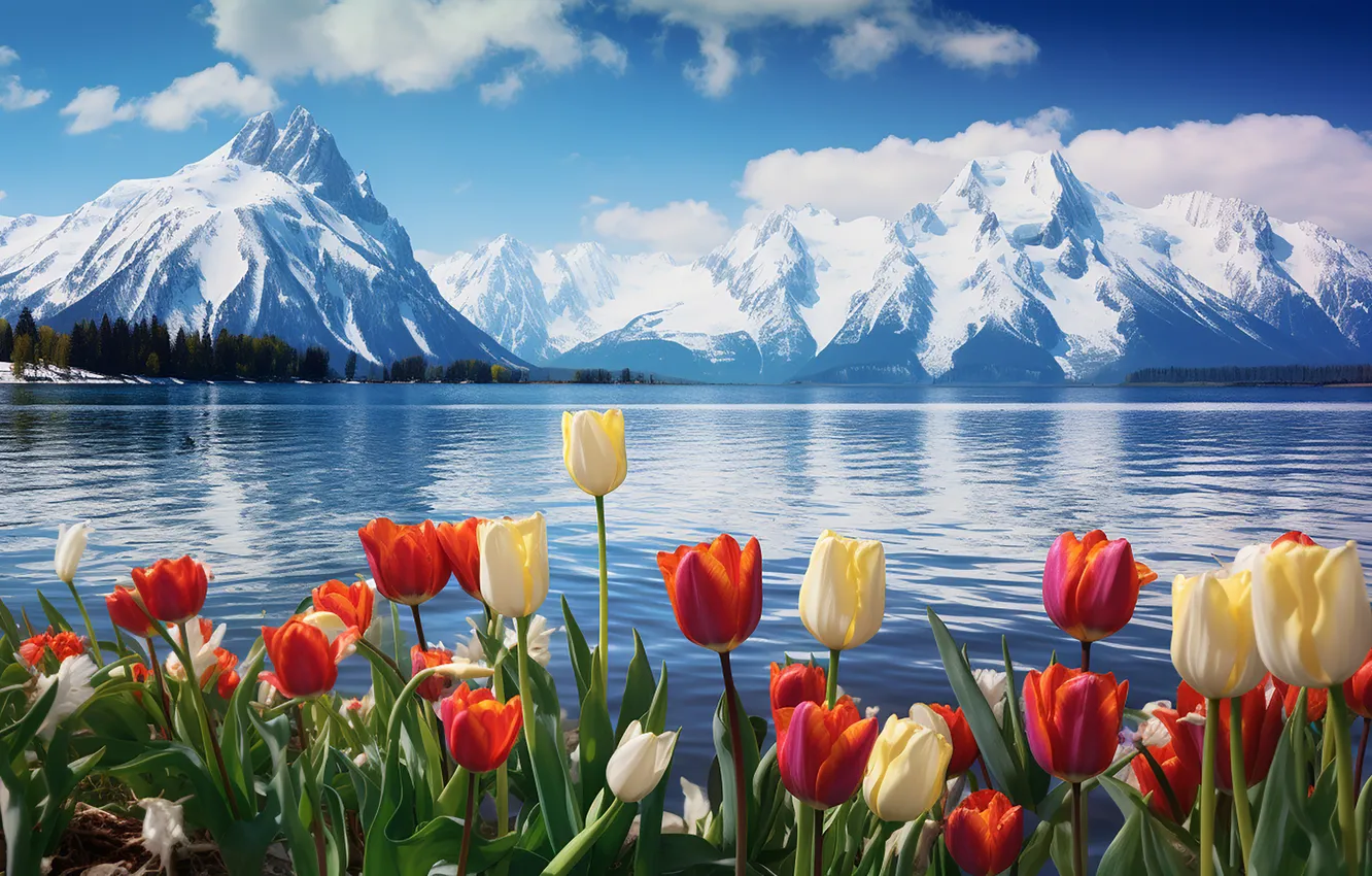 Photo wallpaper flowers, spring, colorful, tulips, red, sunshine, landscape, nature