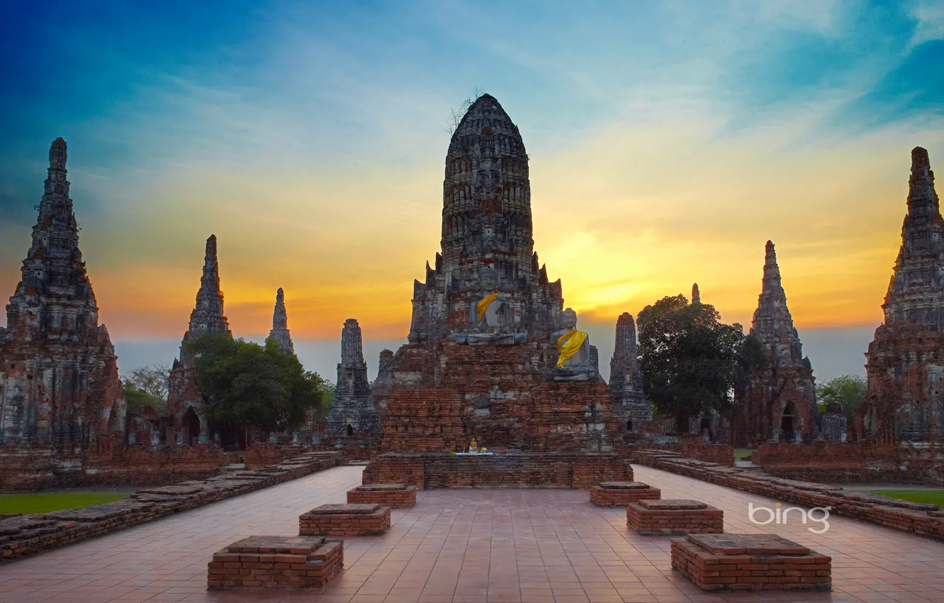 Photo wallpaper the sky, clouds, Thailand, temple, ruins, Buddha, Ayutthaya, Wat Chai Wattanaram