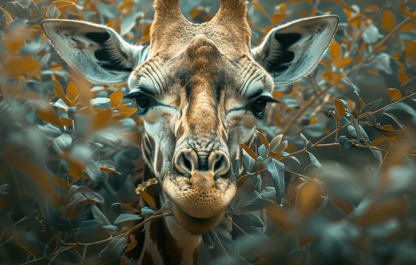Photo wallpaper look, face, leaves, branches, giraffe, closeup, digital art, AI art