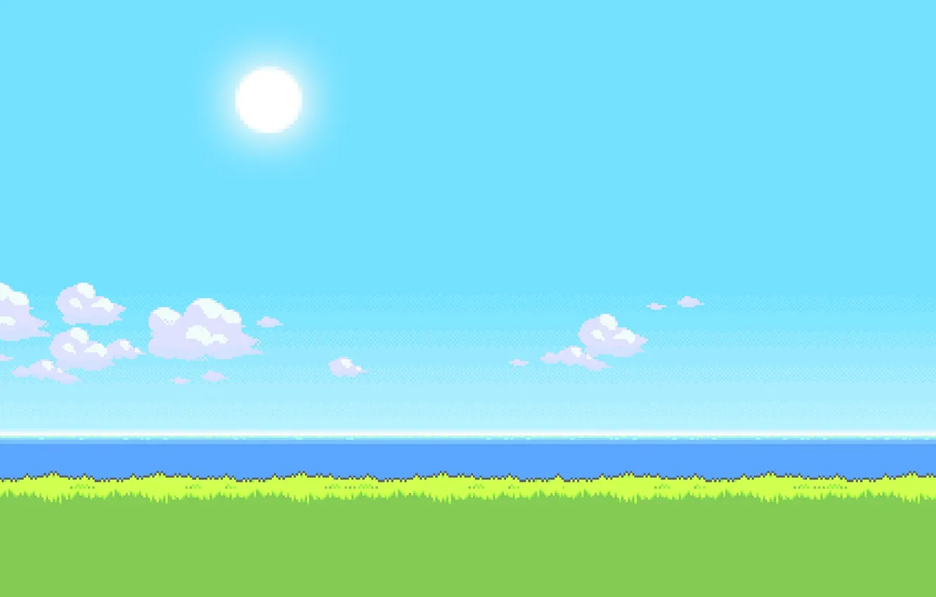 Photo wallpaper sea, the sky, grass, the sun, time, 8bit, days, Noon