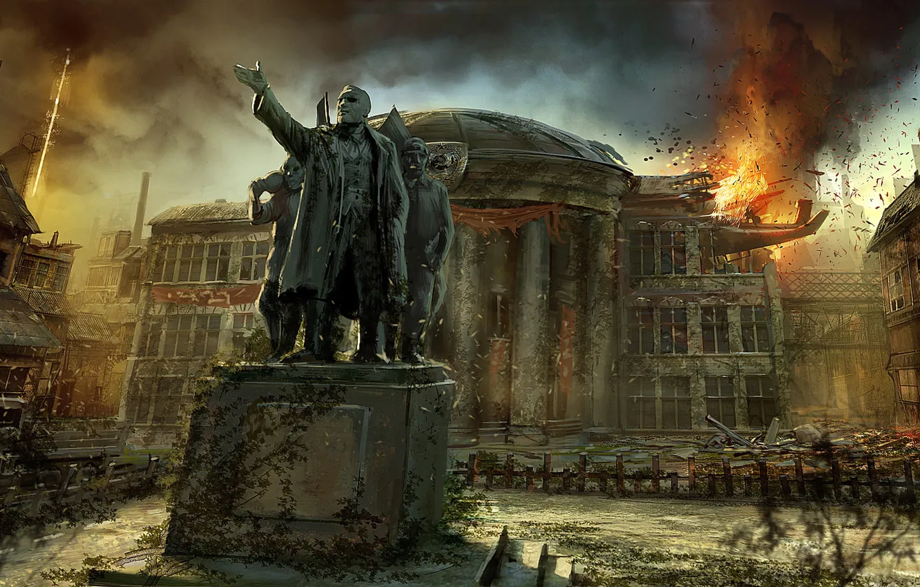 Photo wallpaper the wreckage, the city, fire, building, art, statue, ruins, Singularity