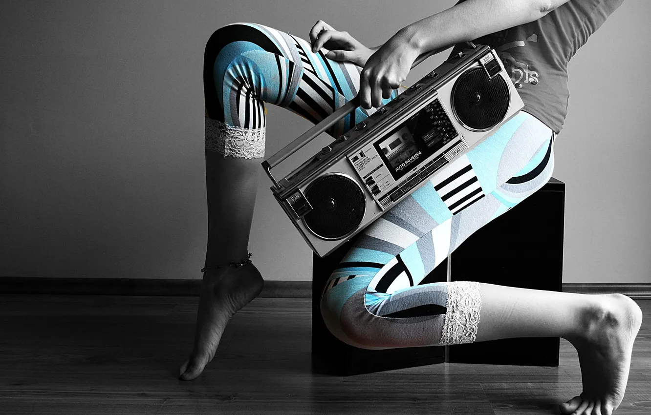 Photo wallpaper girl, music, feet, floor, cassette, tape
